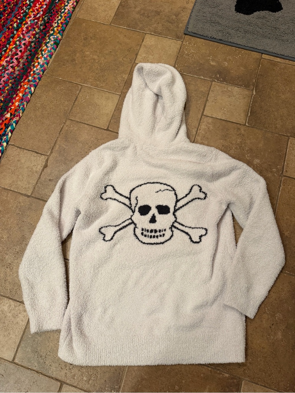 Barefoot Dreams White Plush Hooded Sweater with Black Skull & Crossbones